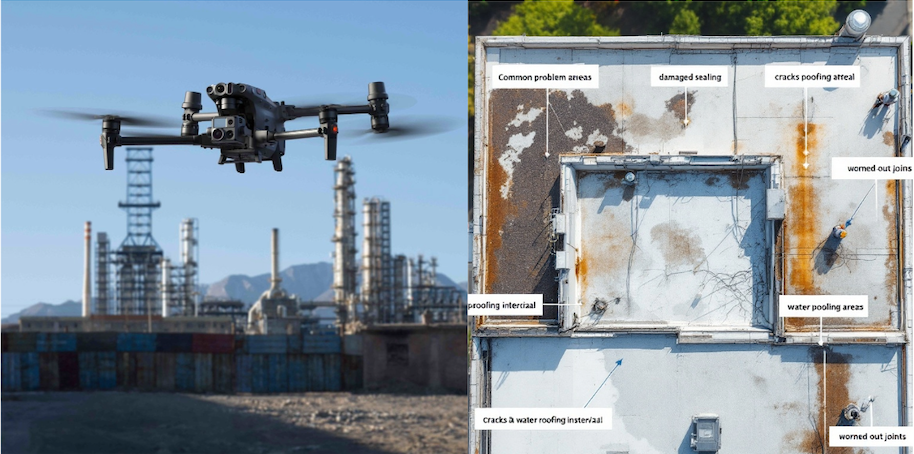 Drohneninspektion einer Industrieanlage und detaillierte Dachanalyse mit Schadensmarkierungen